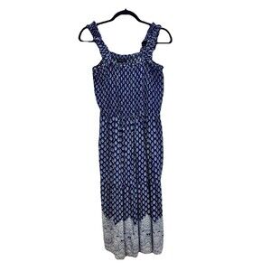 Style House XL Maxi Sundress Boho Smocked Bodice Ruffle Straps Blue‎ White